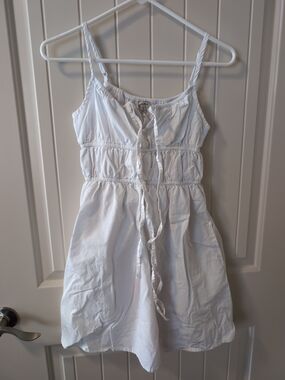 White Cotton Spaghetti-Strap Mini Dress with Tie Front